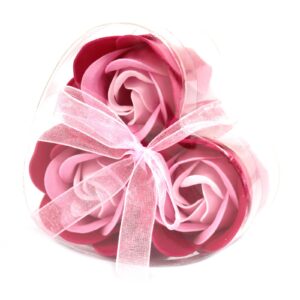 3 Seifenblumen in Herz-Box – Pinke Rosen