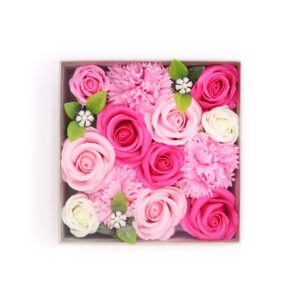Quadratische Blumenbox (Seifenblumen) – Baby Glückwünsche – pink